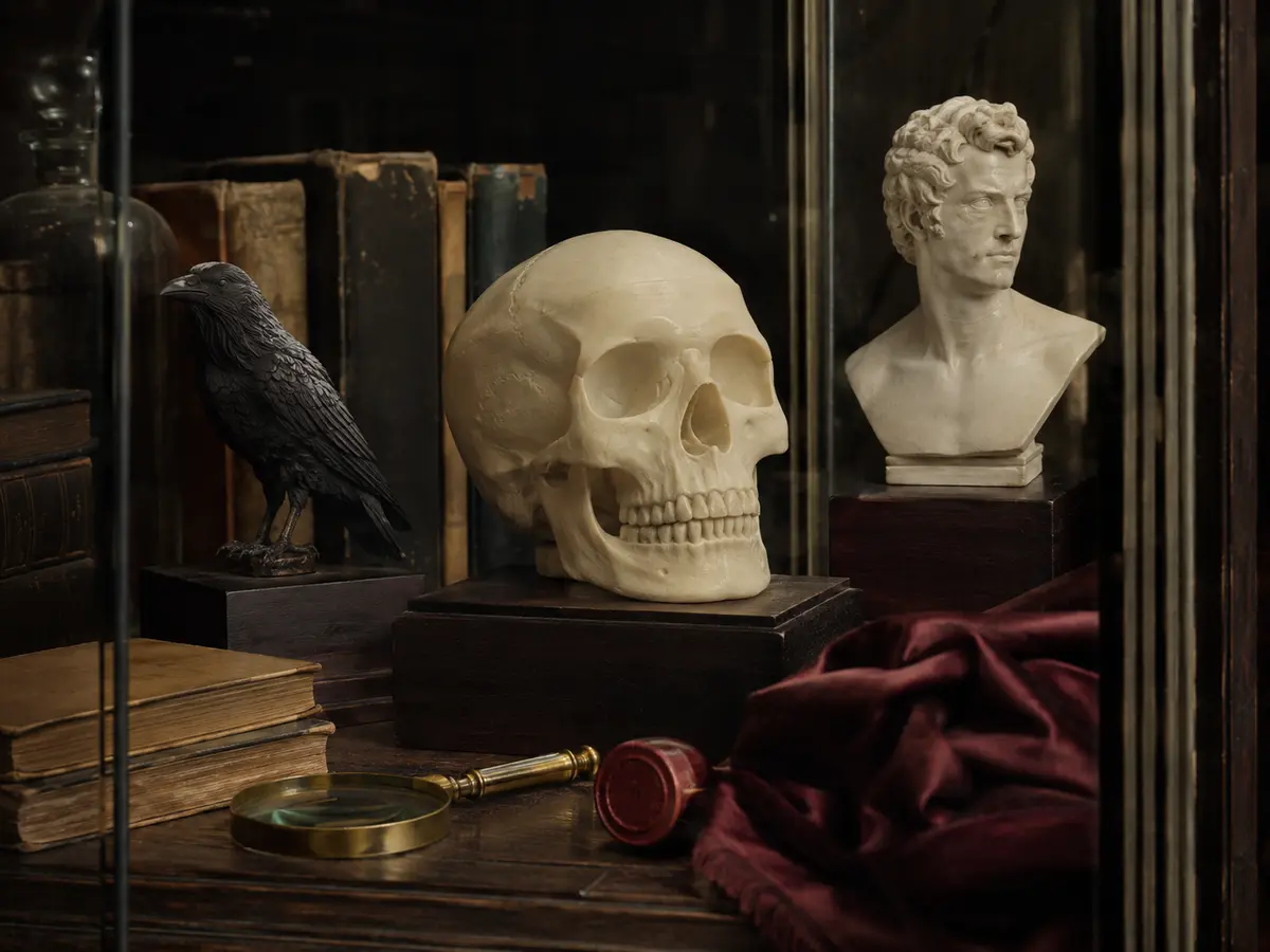 Ivory anatomical study, black raven sculpture and classical bust in a dark display cabinet
