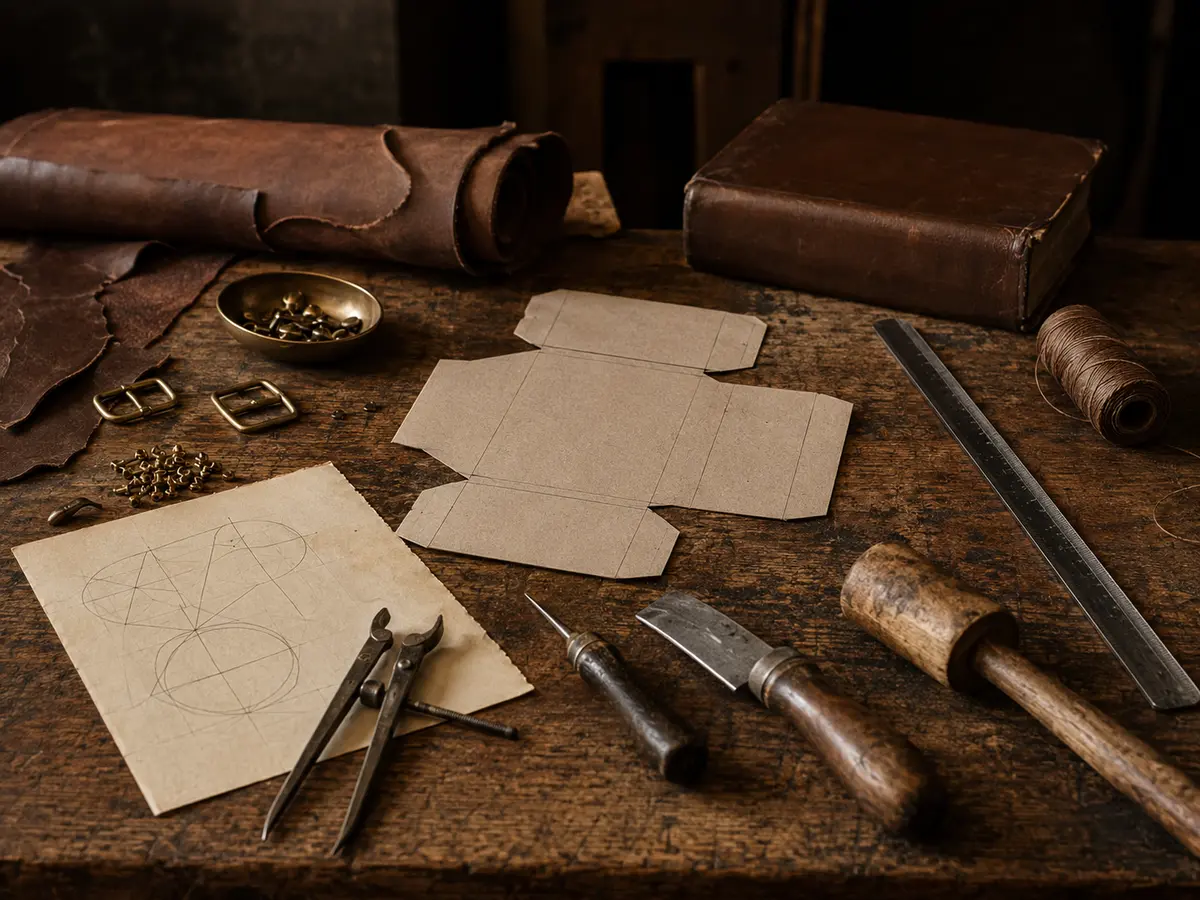 Leathercraft workbench with a card mock-up, measuring tools, leather and brass fittings